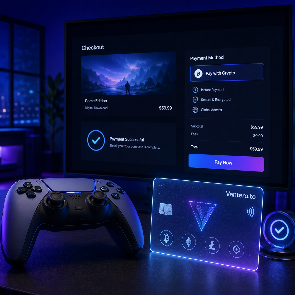 Vantero.to crypto virtual card beside a gaming controller, showing a smooth way to pay for PlayStation purchases with crypto