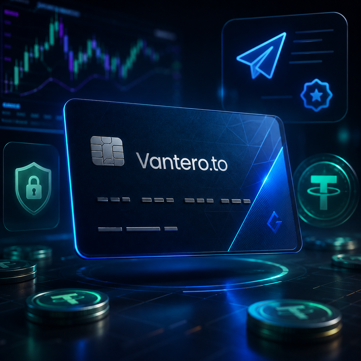 Vantero.to crypto virtual card mockup for buying Telegram Premium with USDT