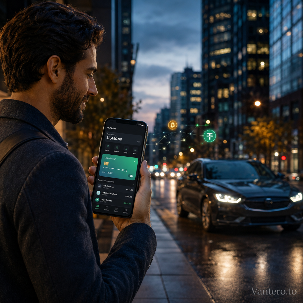 Crypto professional using a Vantero.to virtual card on a smartphone to pay for a rideshare directly with crypto. Buy Uber Gift Card With Crypto