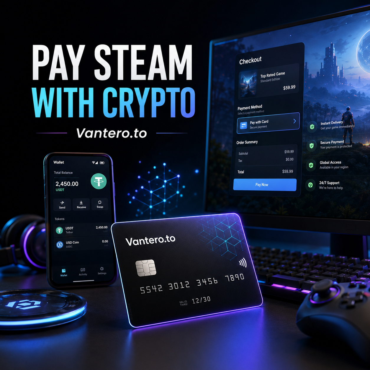 Steam gift card crypto payment with a Vantero.to crypto virtual card for direct gaming purchases