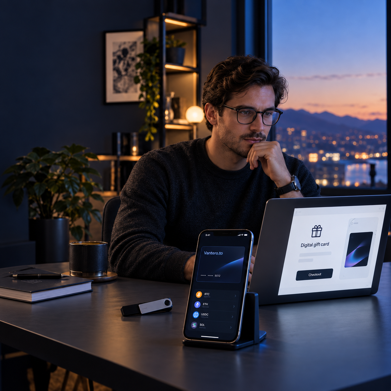 Crypto professional using a Vantero.to virtual card on a smartphone to pay for Apple digital services online. buy itunes gift card with crypto